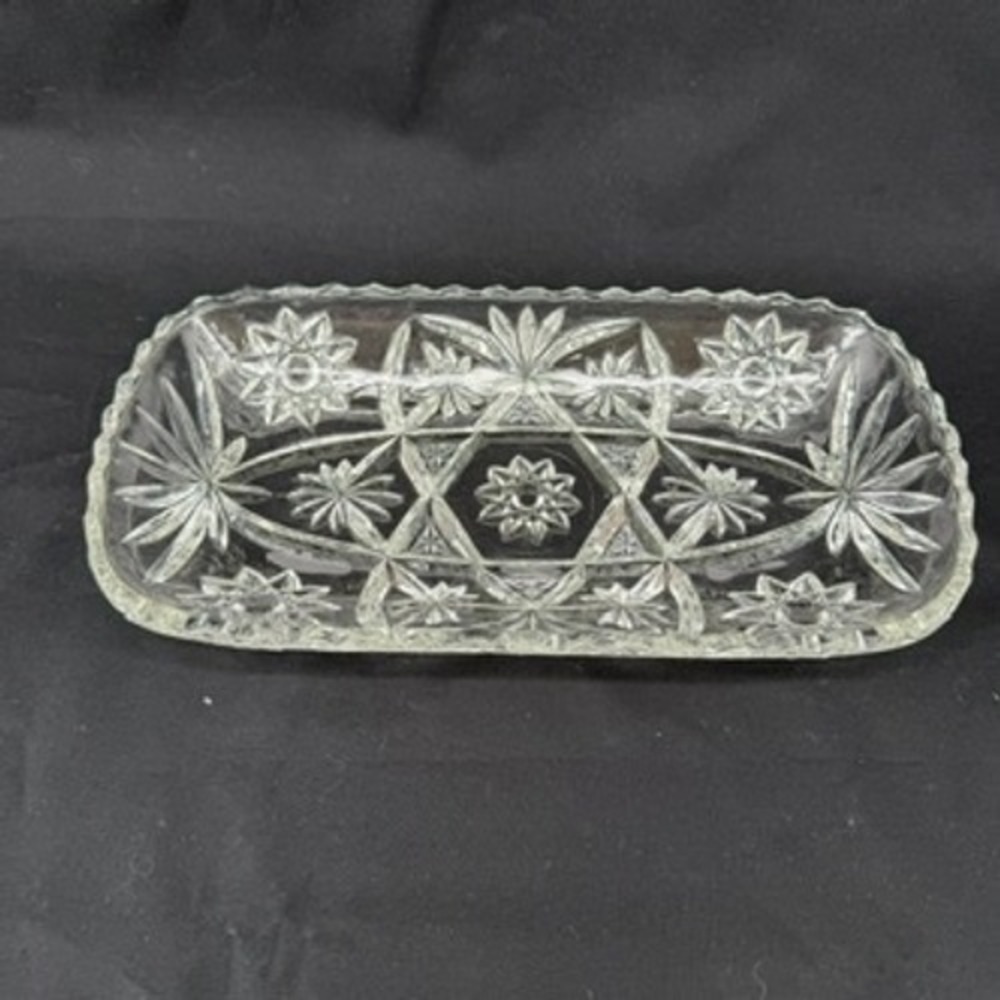 Vintage Clear Pressed Glass Rectangular Serving Tray Starburst Sawtooth Edge